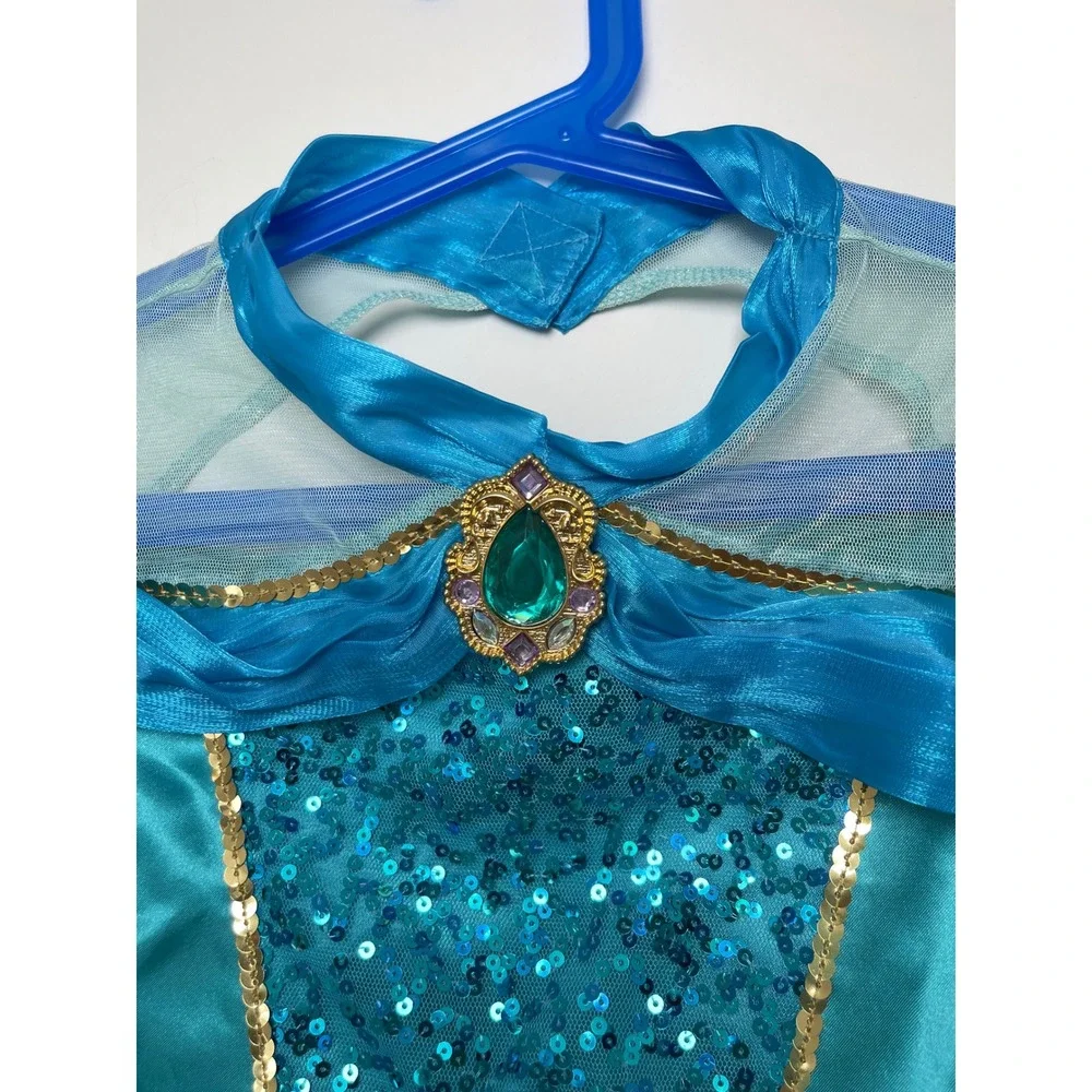 Disney Princess Jasmine Costume Kids M 9/10 Turquoise Gold Sequin 2 pc Set